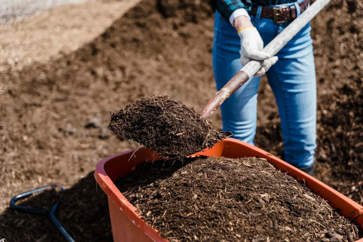 A healthy compost pile with visible layers of brown materials like dried leaves and straw.